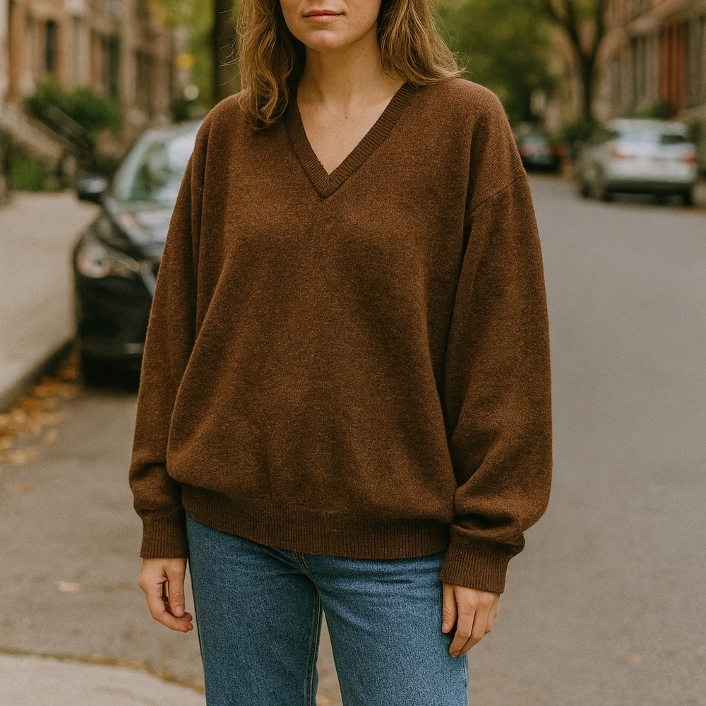 Brown Wool V-Neck Sweater